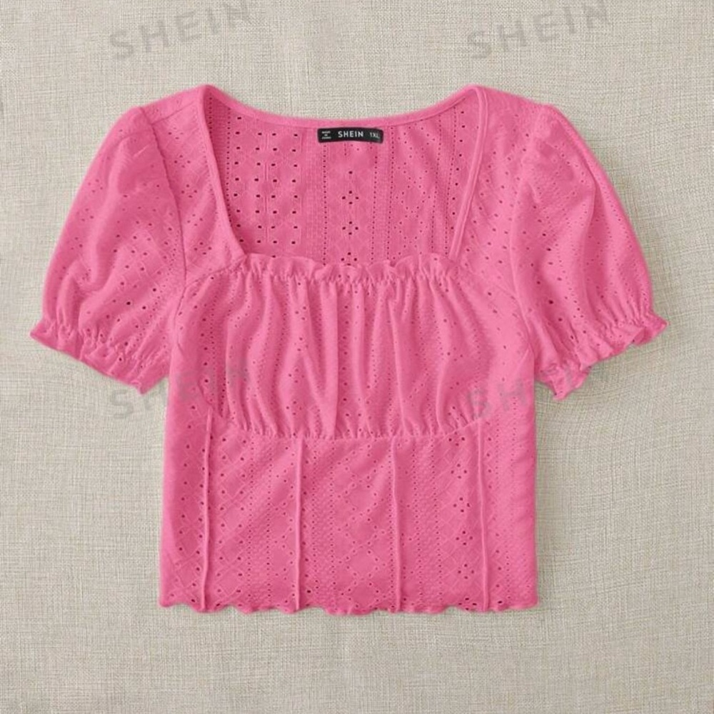 SHEIN Pink Eyelet Puff Sleeve Top